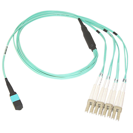 40/100 Gb MTP to 4 Duplex LC Breakout Cable, OM4 50/125, Plenum Rated - Aqua Blue, 32.9 FT (10 Meters)