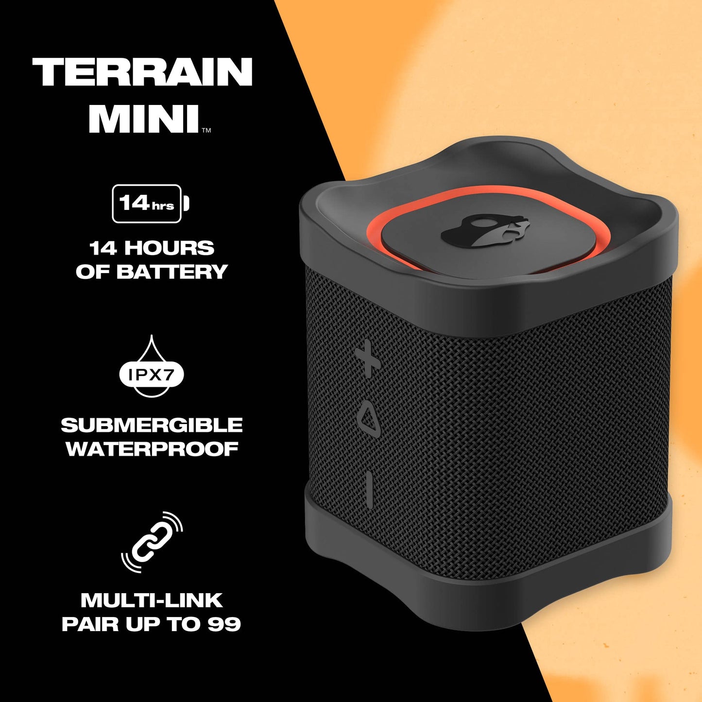 Skullcandy Terrain Mini Wireless Bluetooth Speaker - IPX7 Waterproof Portable Speaker with Dual Custom Passive Radiators, 14 Hour Battery, Nylon Wrist