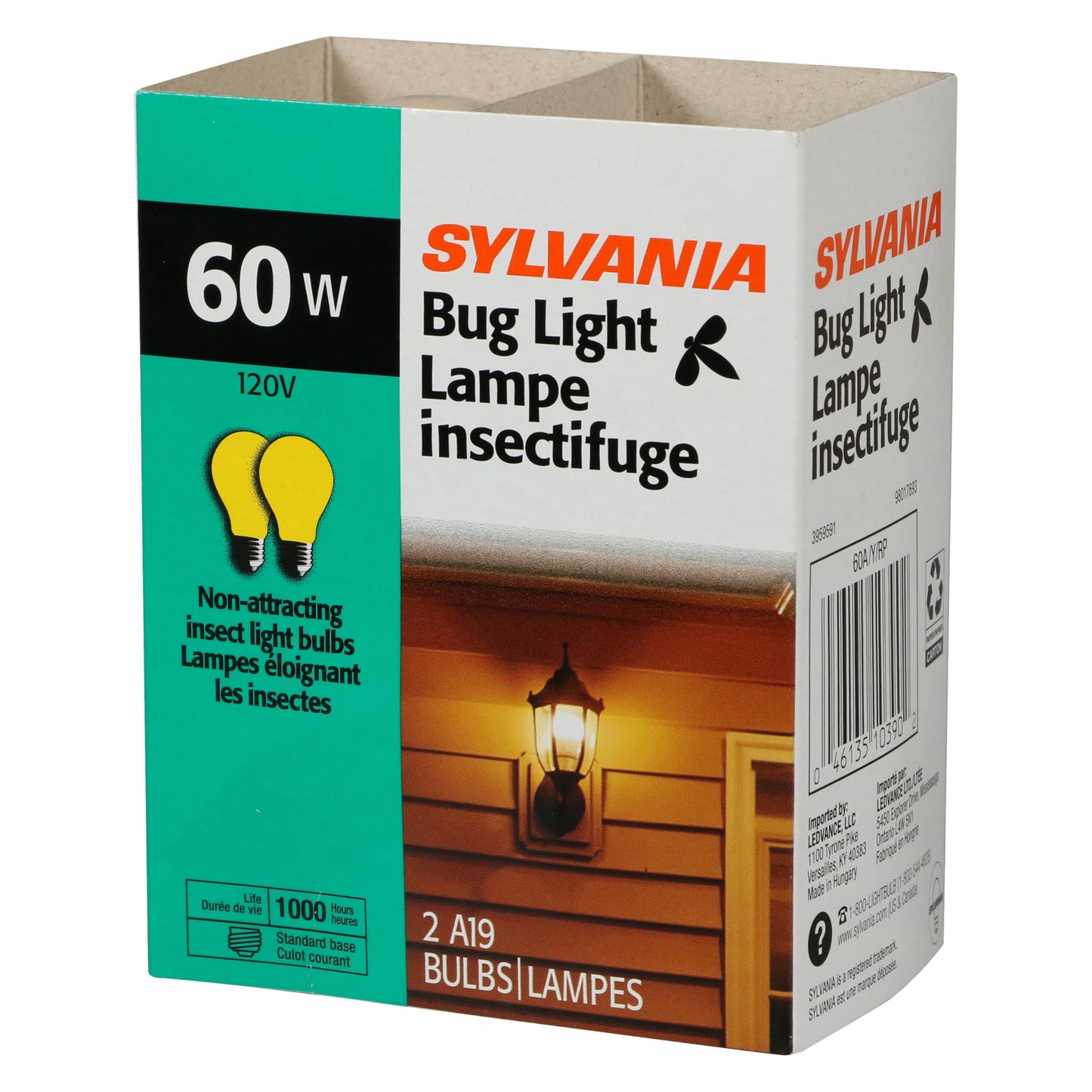 Sylvania Incandescent Yellow Bug Light Bulb A19 E26 Base, 60 Watt, 2 Pack