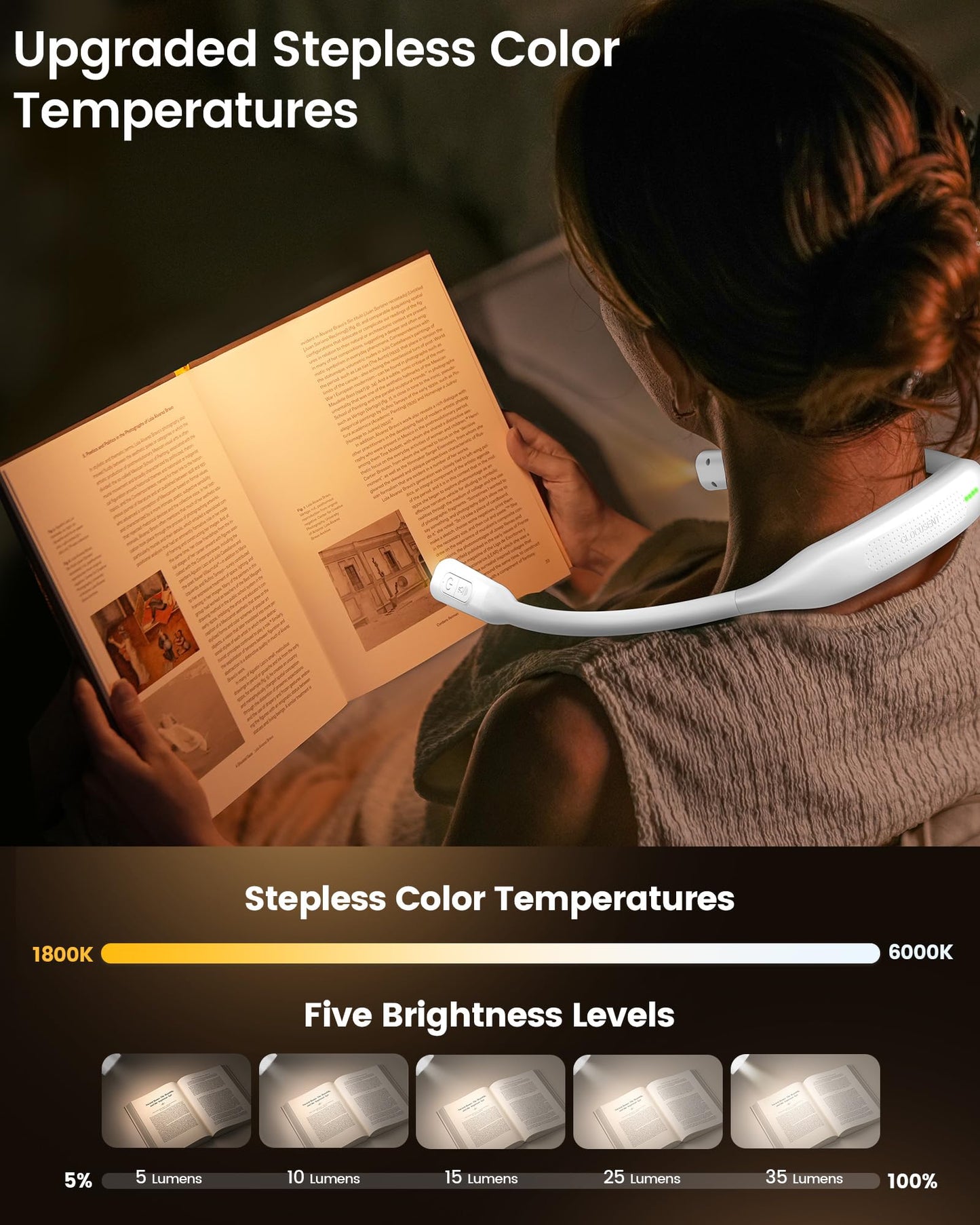 Glocusent Lightweight Neck Light for Reading in Bed, 1200mAh Rechargeable Book Light, Hands-Free Reading Light, 5 Colors, 5 Brightness Adjustable