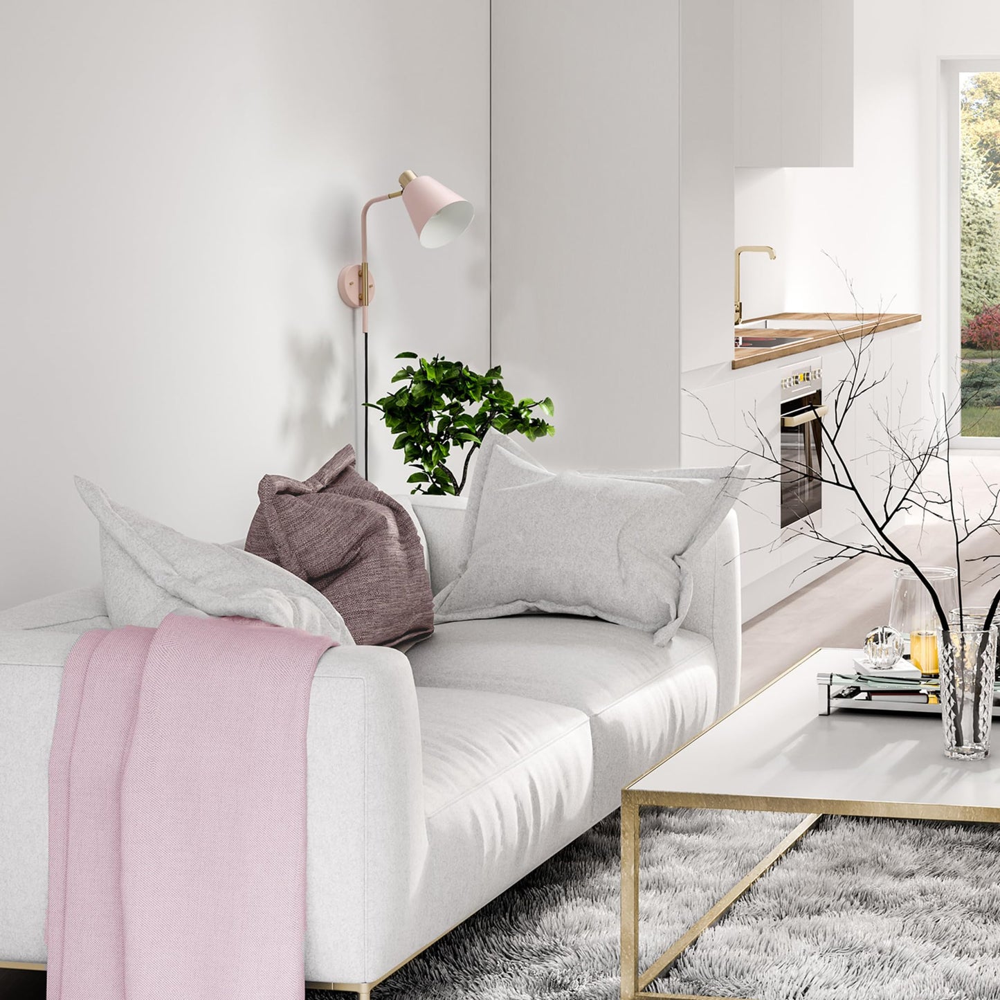Globe Electric Cleo 1-Light Plug-in or Hardwire Wall Sconce, Blush Pink, Matte Brass Accents, Black Cloth Cord, Bulb Not Included