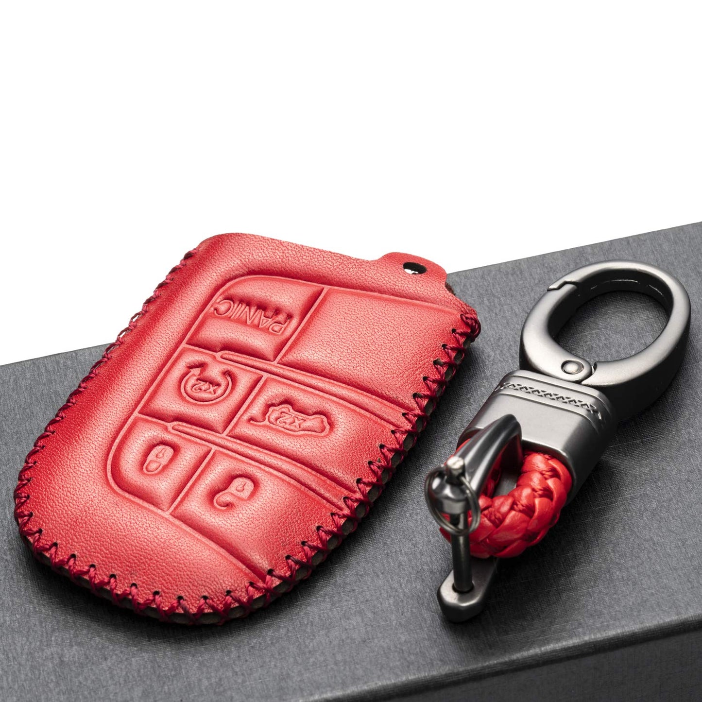 Vitodeco Genuine Leather Smart Key Keyless Remote Entry Fob Case Cover Compatible for Jeep, Dodge, Chrysler (2014 - 2022 Models) - 3 to 5 Buttons, Red