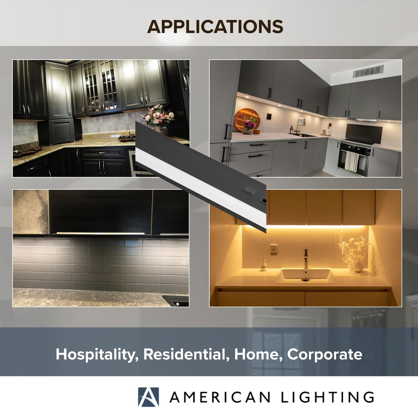 American Lighting LED Courant Plus Undercabinet Light 24 Inch 5CCT 90+ CRI 1200 Lumens with USB-A USB-C and 20A Receptacles Black Finish Title 24