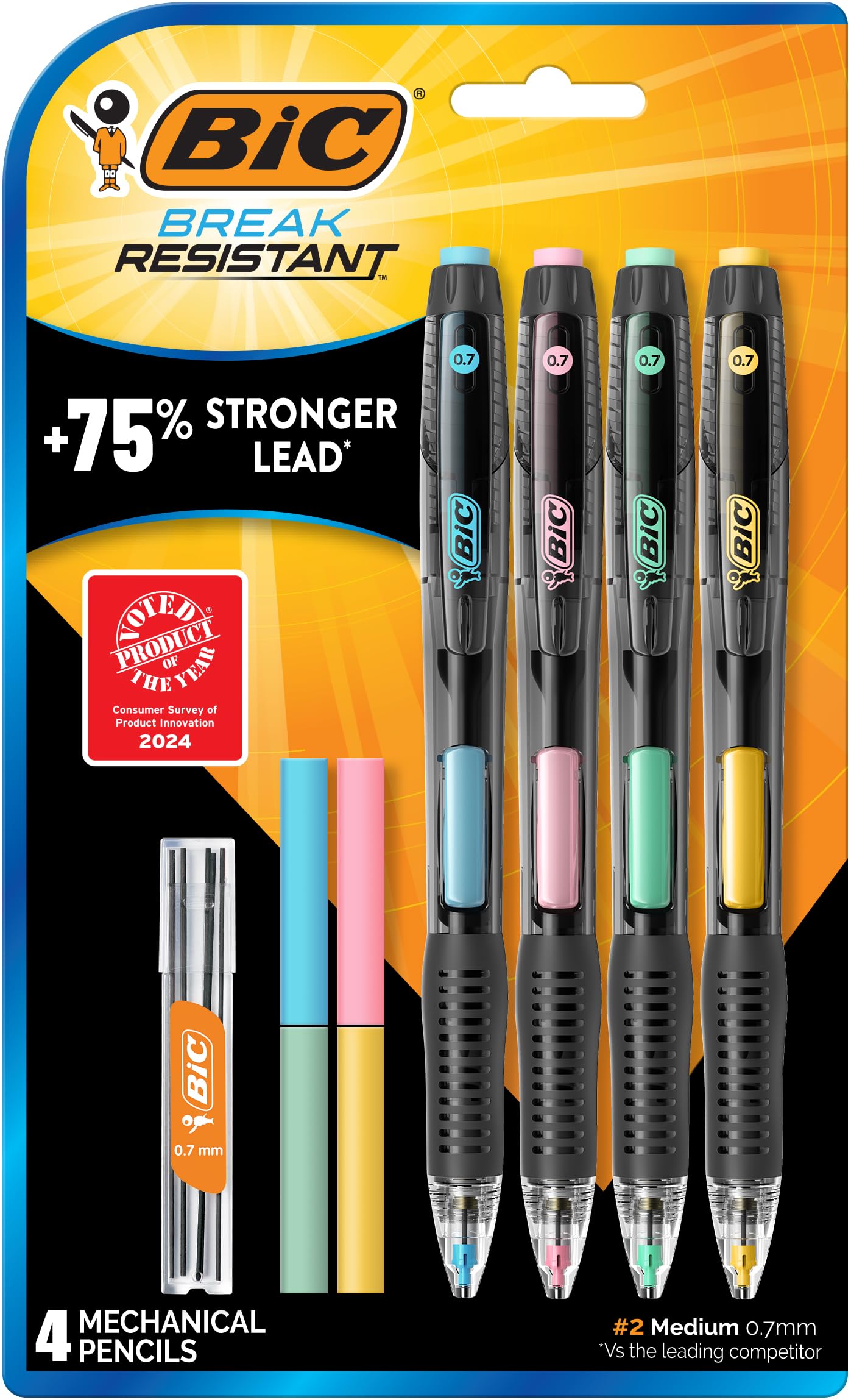 BIC Break Resistant Mechanical Pencils with Erasers, No. 2 Medium Point (0.7mm), 4-Count Pack Pencils for School or Office Supplies, Lead and Eraser