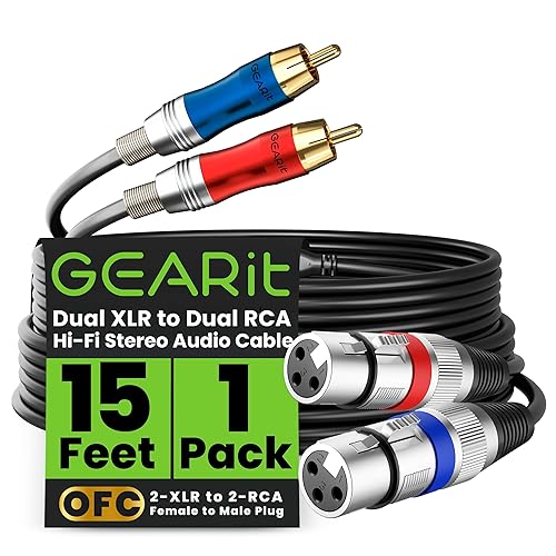 GEARit Dual 2 XLR Female to Dual 2 RCA Male Cable (15ft) 2-XLR to 2-RCA Female to Male Plug for Home Theater Mixers Amplifiers Hi-Fi Systems