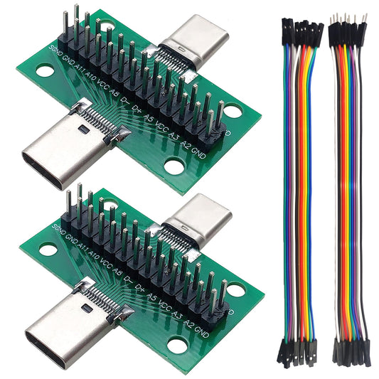 minidodoca 2 Pcs USB 3.1 Type-C Male to Female Test Board with PCB Board 24 Pins 2.54 mm Double-Sided Socket with pin Header Connector,Dupont Wire…