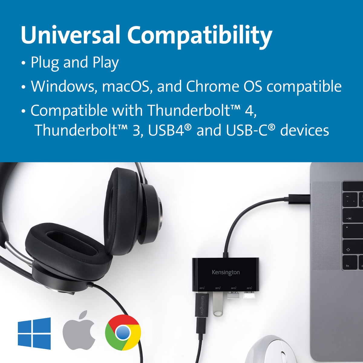 Kensington CH1200 USB-C 10Gbps 4-Port Hub, USB Type C to USB Adapter with 4 USB 3.0, Compatible with Thunderbolt 4, Thunderbolt 3, USB4 and USB-C