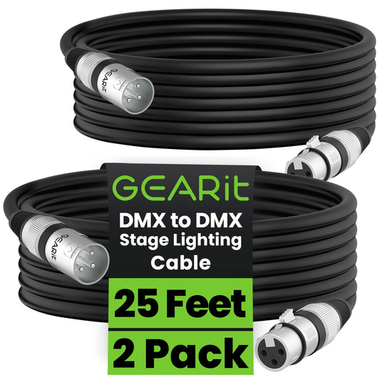 GearIT DMX Stage Lighting Cable - 25 Feet, 2-Pack (XLR Compatible) 3-Pin Balanced Shielded for DJ LED Moving Head Par Light, Mic Mixer, Recording