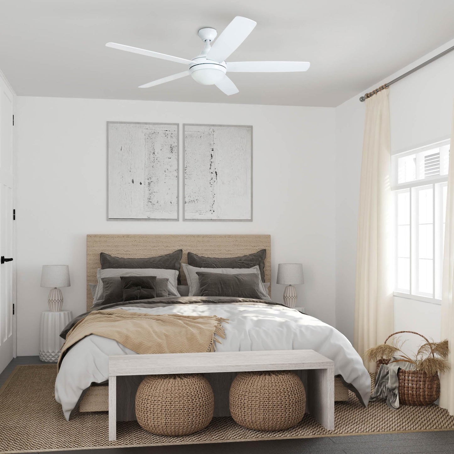 Prominence Home Ashby Modern 52 Inch Ceiling Fan with Light, LED Fan with Remote Control, Tri-Mount Indoor Fan with 5 Blades, White and Gray Oak Blade