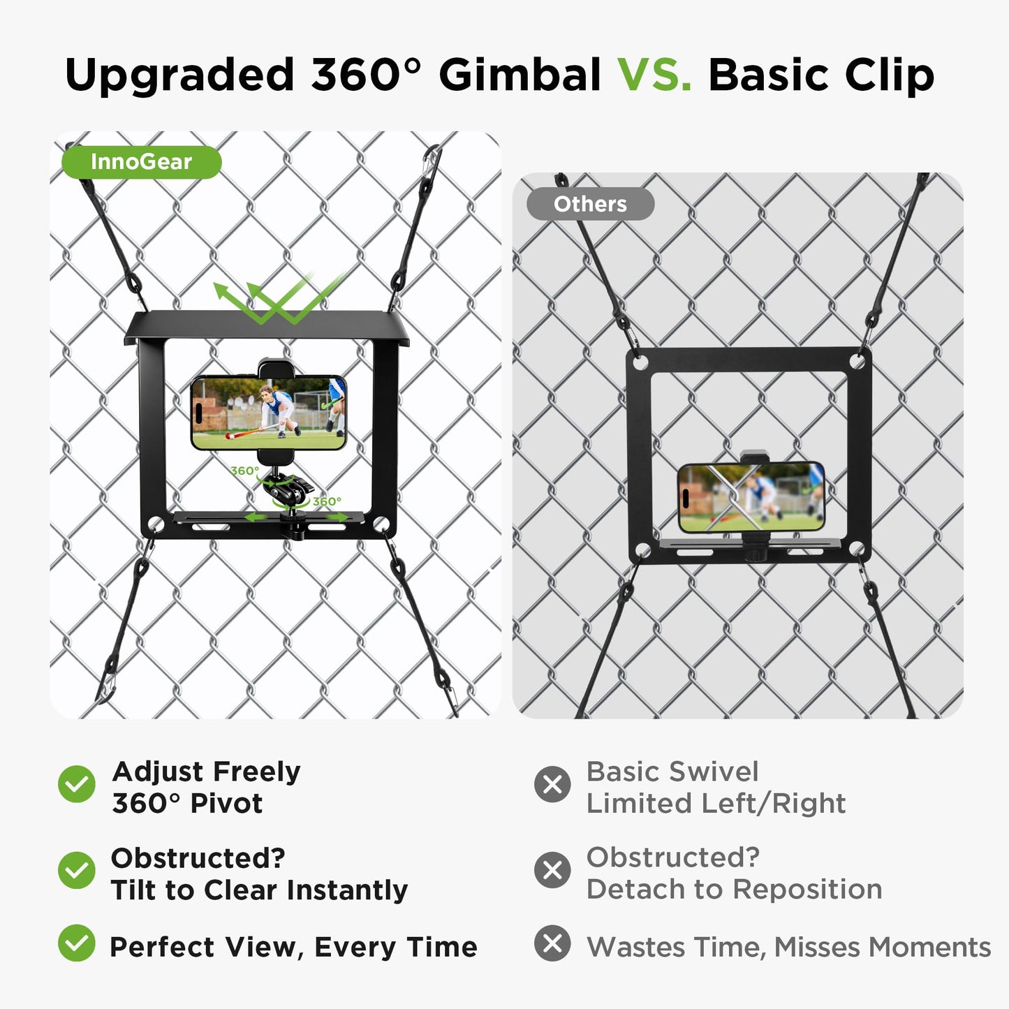 InnoGear Fence Mount for Phone, Flexible Cell Phone Fence Mount with Shade Live Sports Streaming Kit with Swivel Head for Mevo Start, Phones, GoPro