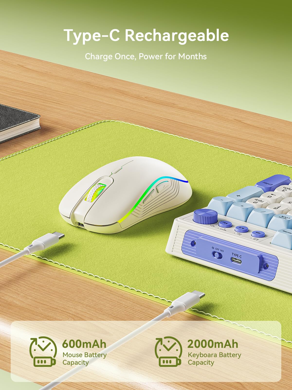 Wireless Keyboard and Mouse Combo, RGB Backlit Rechargeable 2000 mAh Battery, Wireless Computer Keyboards, Tri-Mode Bluetooth/2.4GHz/USB-C Custom