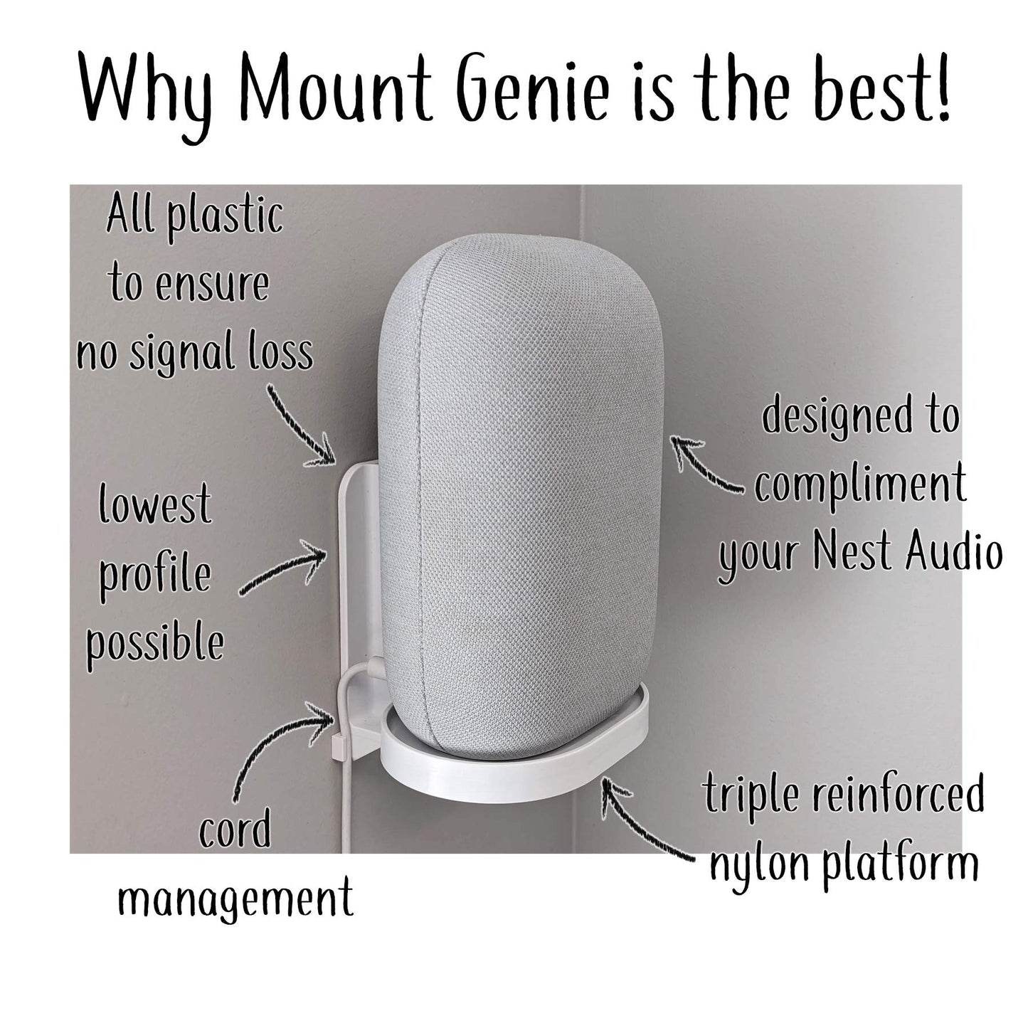 Mount Genie Affordable Essentials Wall Mount Hanger Stand for Nest Audio (Black, 2-Pack): Screw and Screwless Install Options, The Slimmest