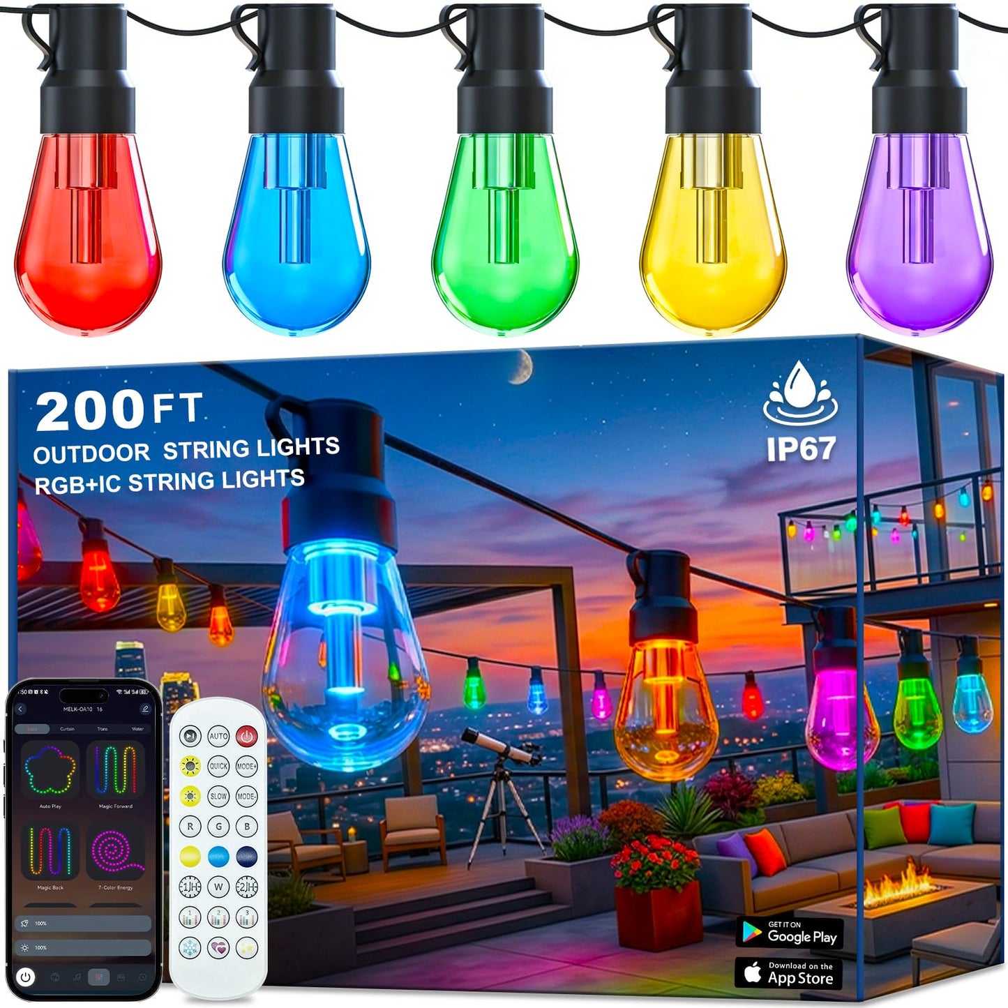 Outdoor String Lights,200FT Smart RGB+IC Patio Lights with Shatterproof LED Bulbs ,Outside Light Dimmable Patio for Decor DIY IP67 Waterproof
