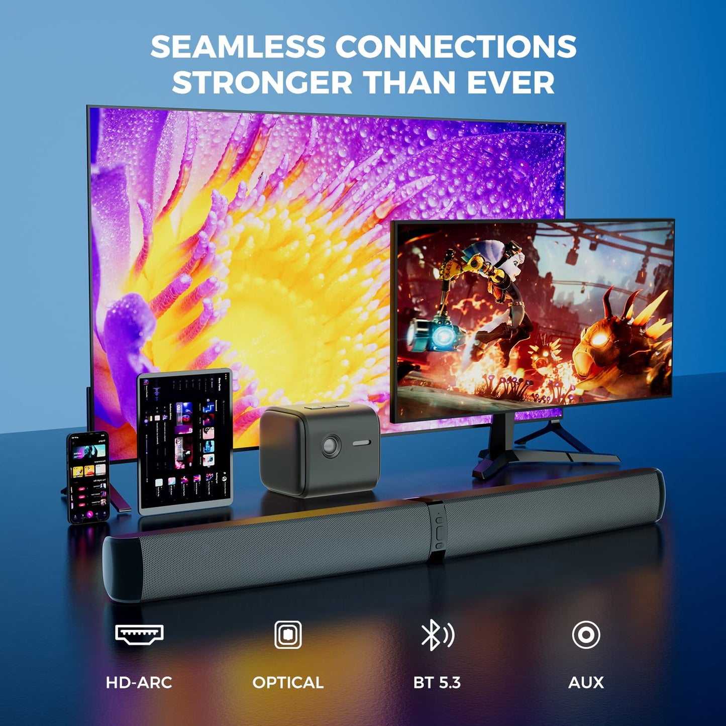 MZEIBO Sound Bar, 90W Soundbar for Smart TV, Bluetooth/ARC/Optical/AUX Connect, Detachable Design with Deep Bass for TV/PC/Gaming/Projector - 2-in-1