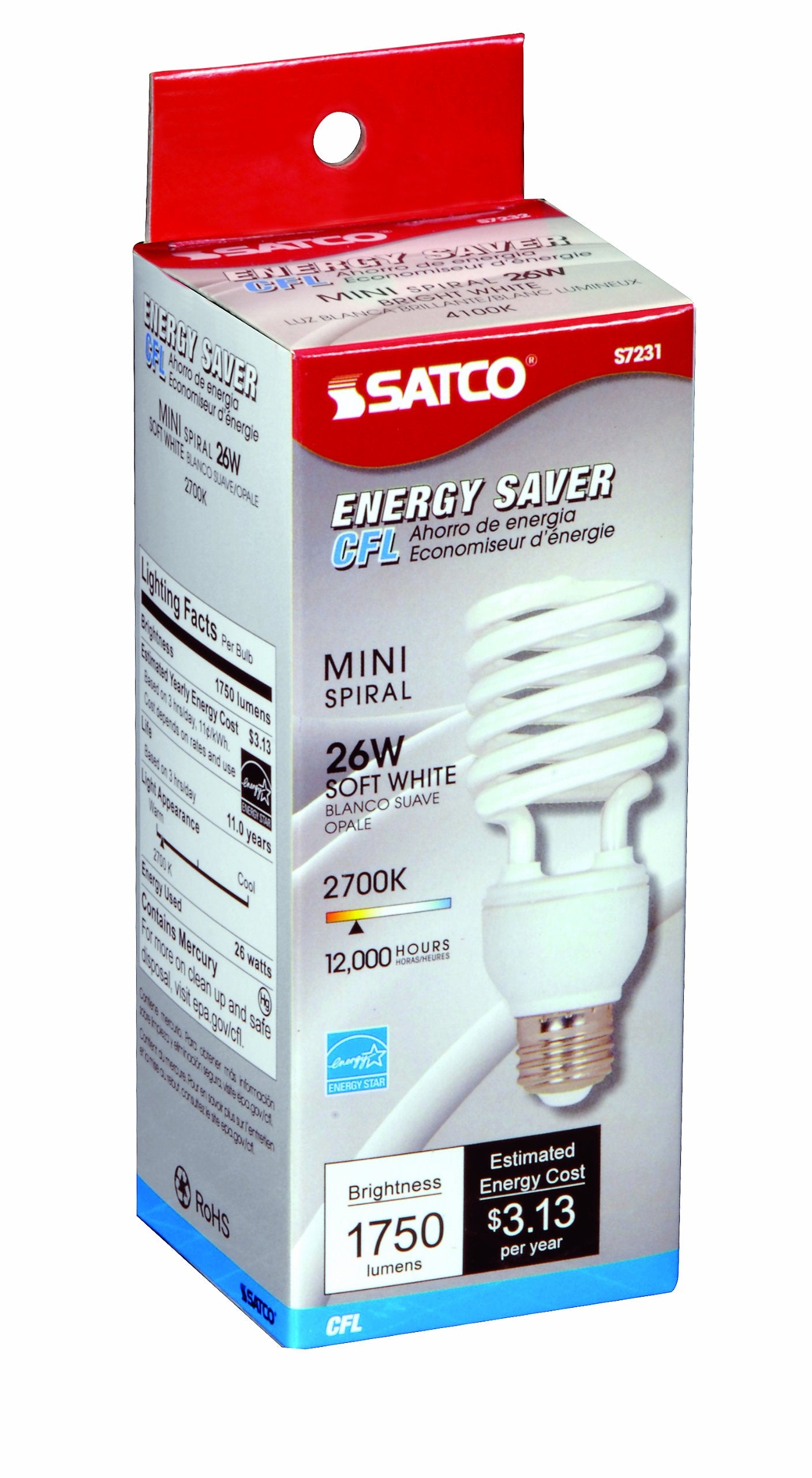 Satco S7231 26-Watt Medium Base T2 Mini Spiral, 2700K, 120V, Equivalent to 100-Watt Incandescent Lamp for Enclosed Fixtures