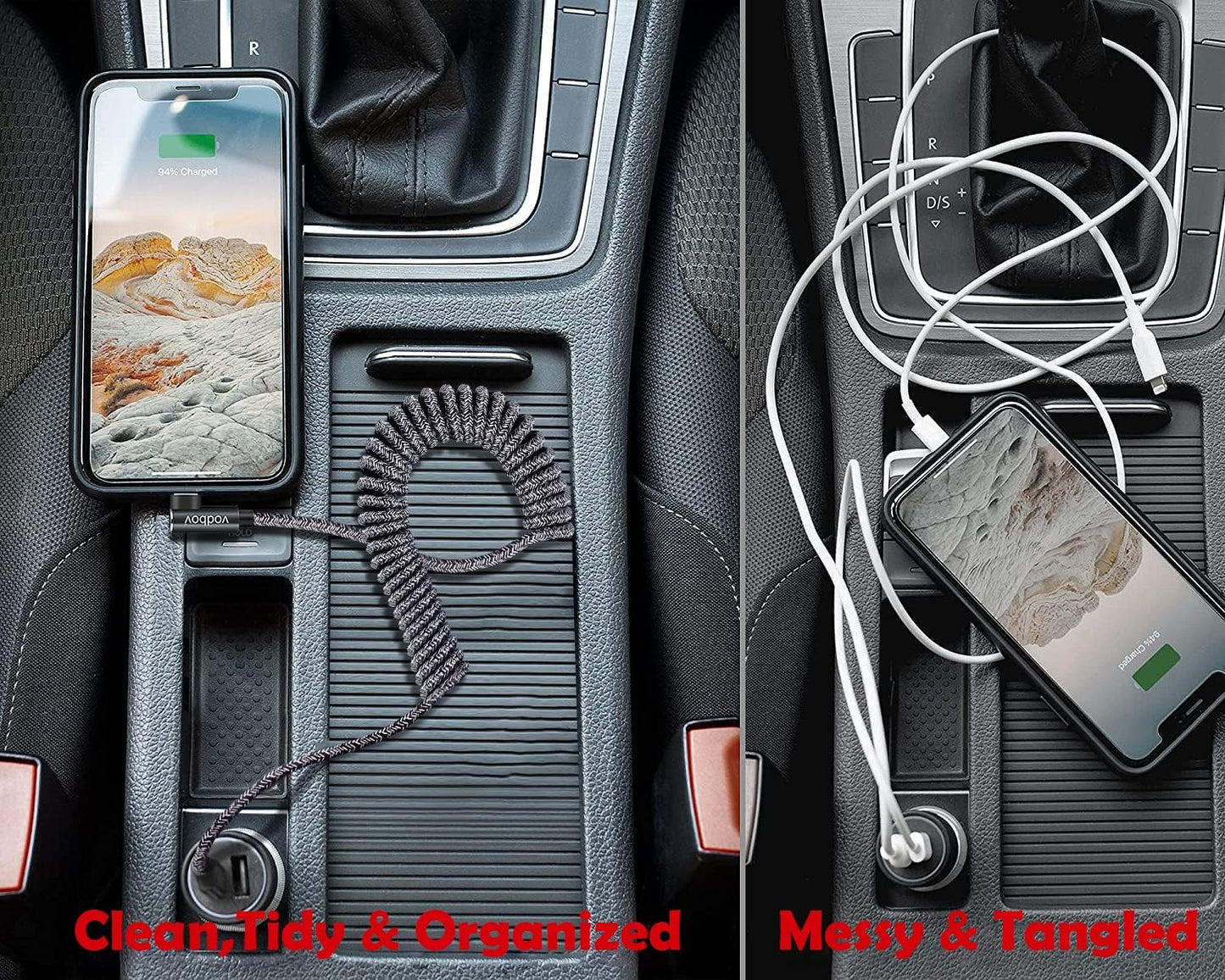 VODBOV Coiled 90° USB-A to Lightning Cable (Zebra Black) - Braided, Fast Charging, Right-Angle Car Charger Cord, 2-8 ft Stretch for iPhone & iPad
