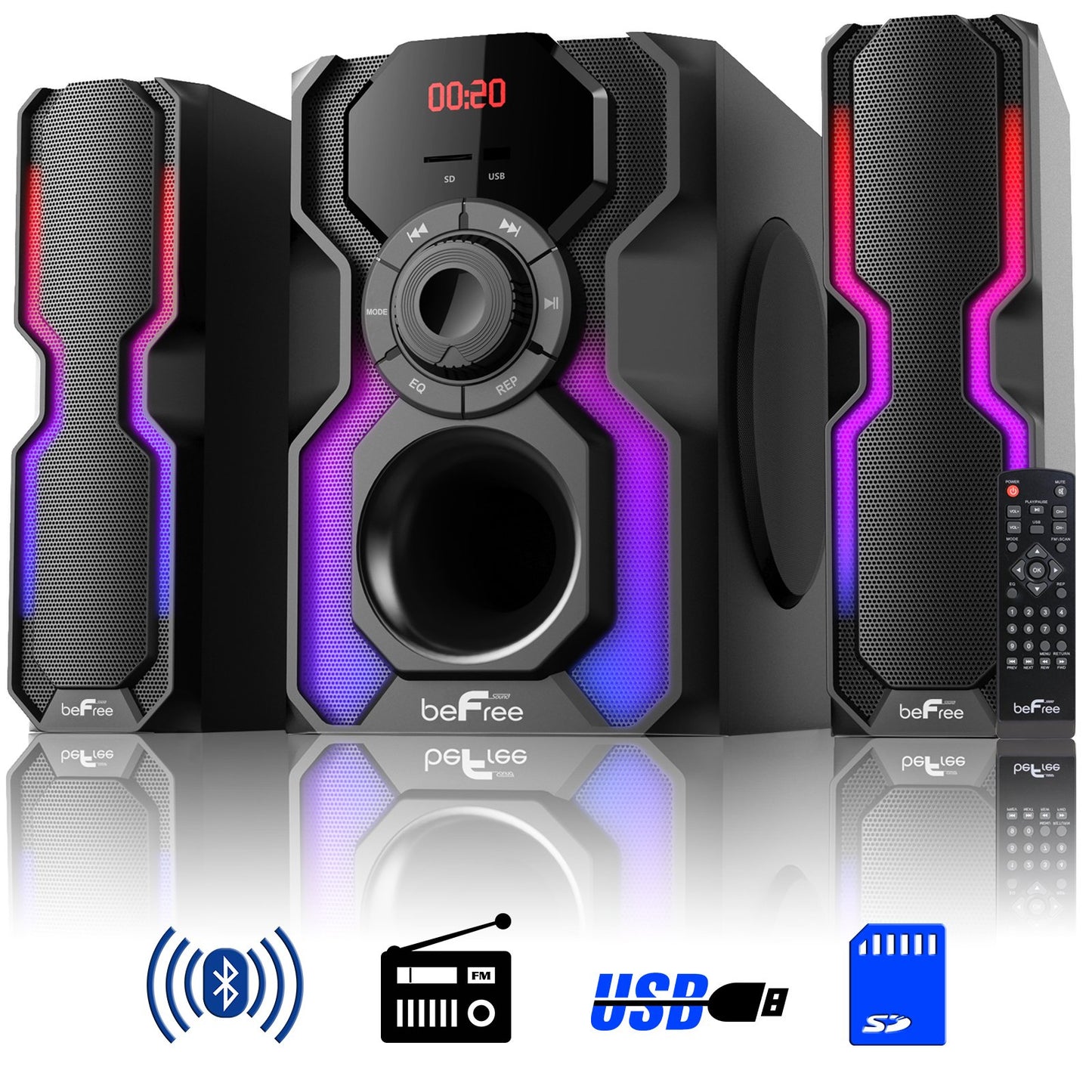 beFree Sound 2.1 Channel Bluetooth Multimedia Wired Speaker Shelf Stereo System with Reactive LED Lights, FM Radio, USB, and SD Inputs, Black