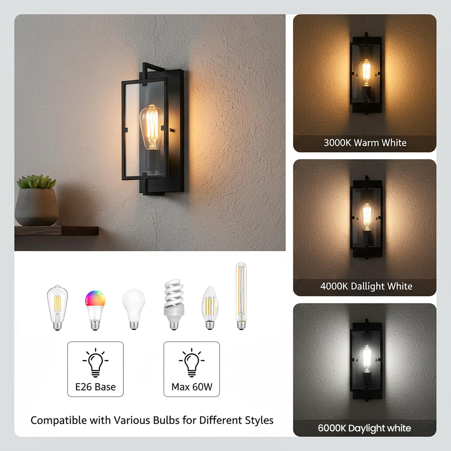 Laplusbelle Black Wall Sconce, 13 in. Indoor Wall Lamp with Tempered Glass, E26 Base for DIY Lighting Fixture, ETL Bathroom Vanity Light Wall Mounted