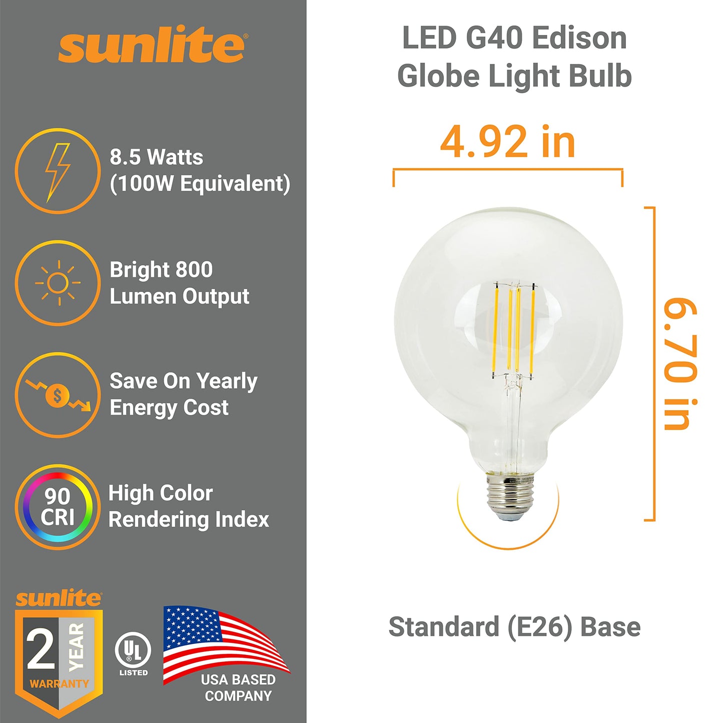 Sunlite 41836 LED G40 Edison Globe Light Bulb, 8.5 Watts (100W Equivalent), Standard E26 Base, 800 Lumens, Dimmable, Clear Glass, Long Filament, 90