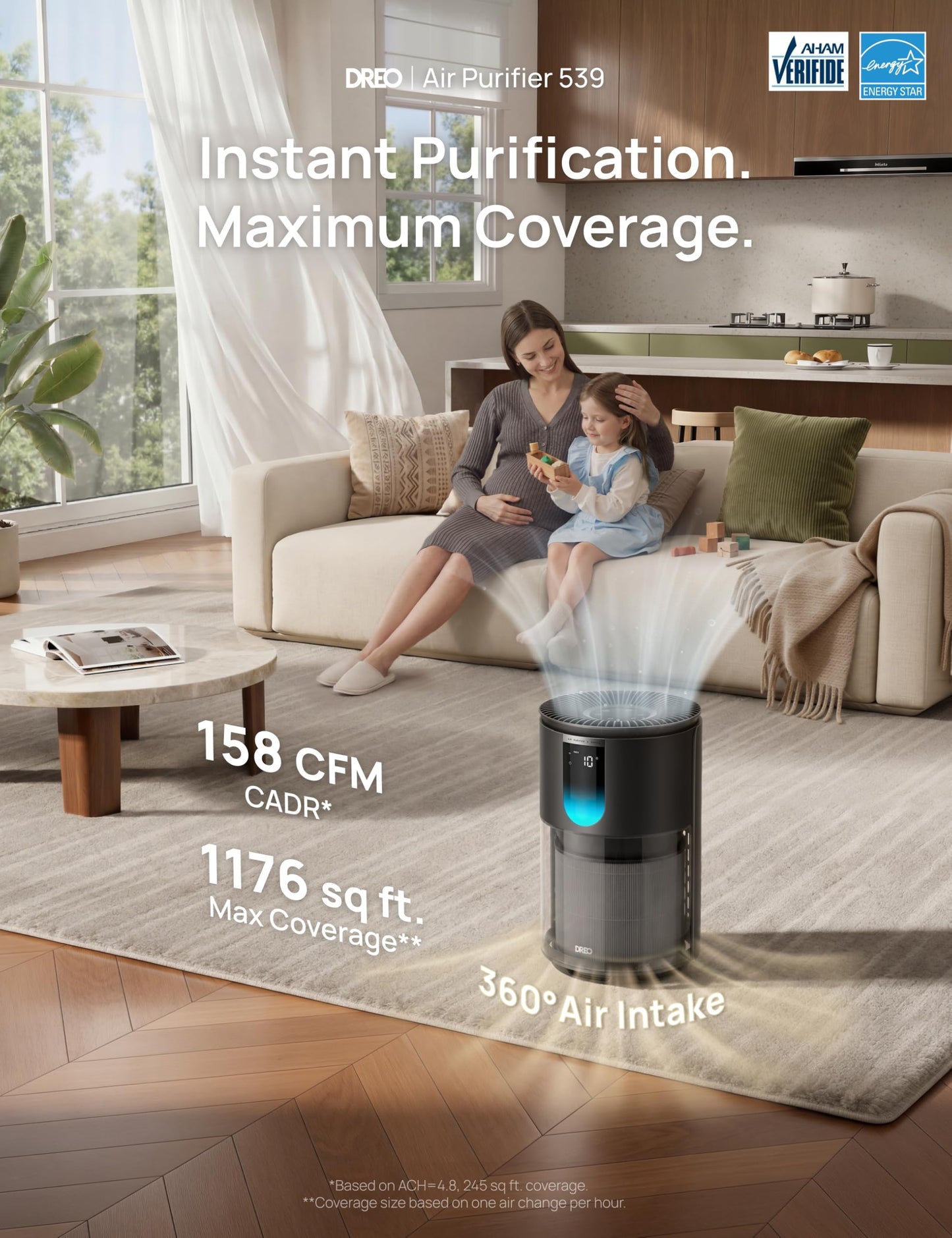 DREO Air Purifier for Home, Up to 1176 ft², Air Cleaner for Large Rooms & Bedrooms, Pets, Smoke, Dust, Pollen & Odors, PM2.5 Monitor, Auto, Turbo