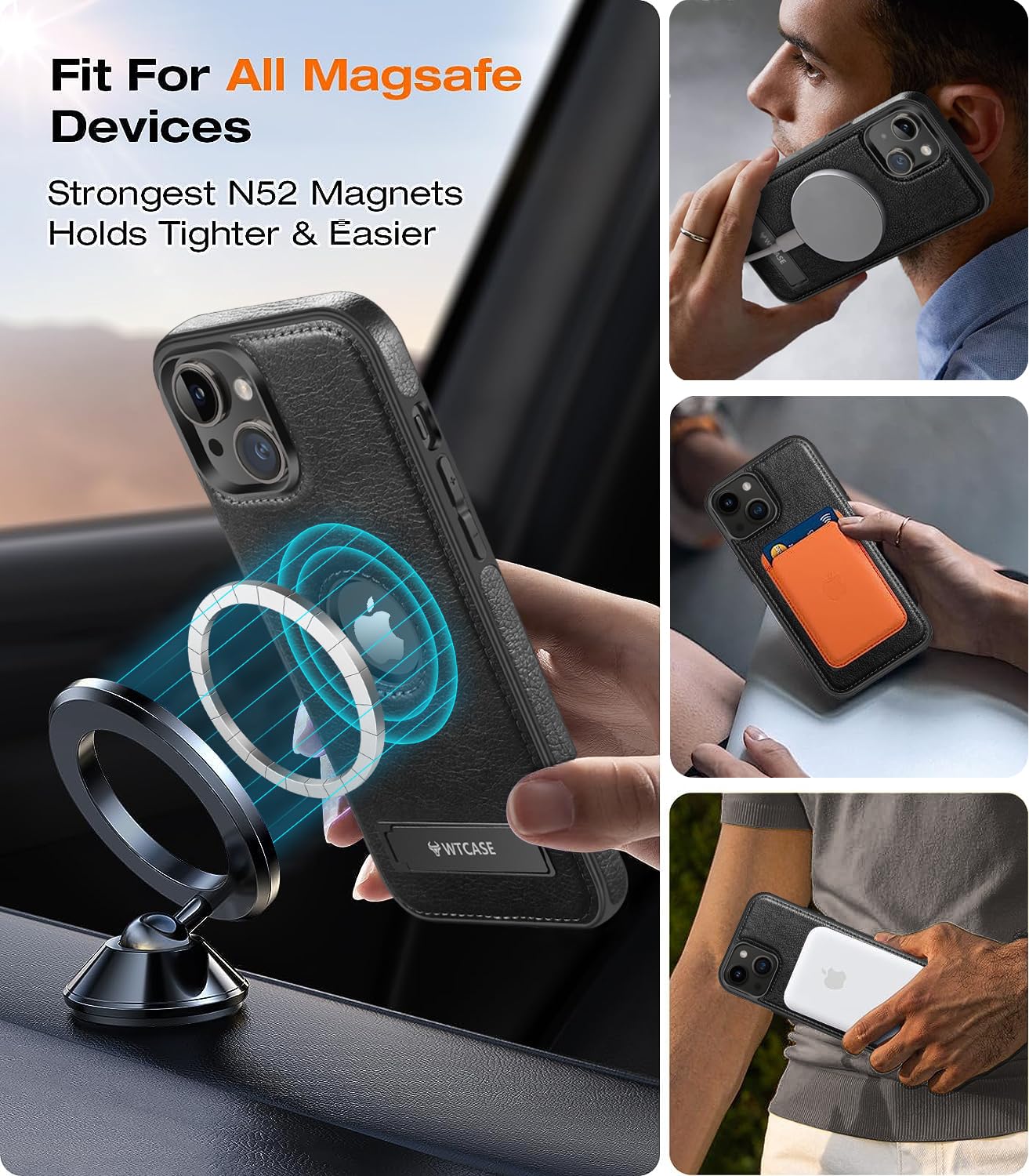 WTCASE Magnetic for iPhone 14 Pro Max Leather Case, Built-in Invisible Stand [Compatible with Magsafe] Protective Slim Kickstand Compatible