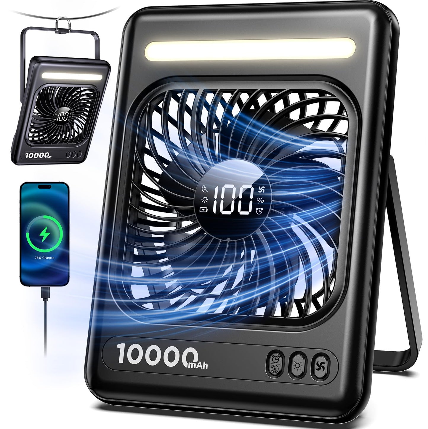 10000mAh Portable Travel Fan, 5 Speeds Strong Wind Cruise Fan with LED Lantern, 24H Runtime Personal Rechargeable Fan, 2/4/6/8H Timer, Ultra-thin