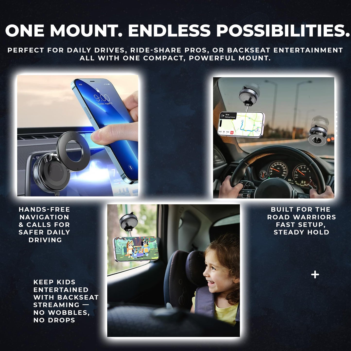 F&N Trading Inc F&N Magnetic Car Phone Mount with Suction Cup - 360° Adjustable Holder for Windshield, Dashboard, Rear Windows - Rideshare & Backseat