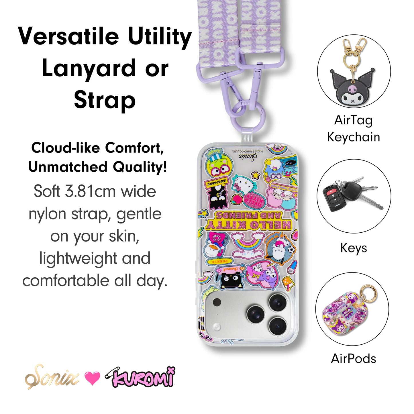 Sonix x Sanrio Crossbody Utility Phone Strap | Adjustable Lanyard Hands-Free Accessory, Universal Tether Tab Attachment | Purple - Kuromi
