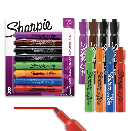 Sharpie Flip Chart Markers, Bullet Tip, Assorted Colors, Low-Odor, Squeak-Free, 8 Count - Office Presentation, Back to School, Teacher Supplies