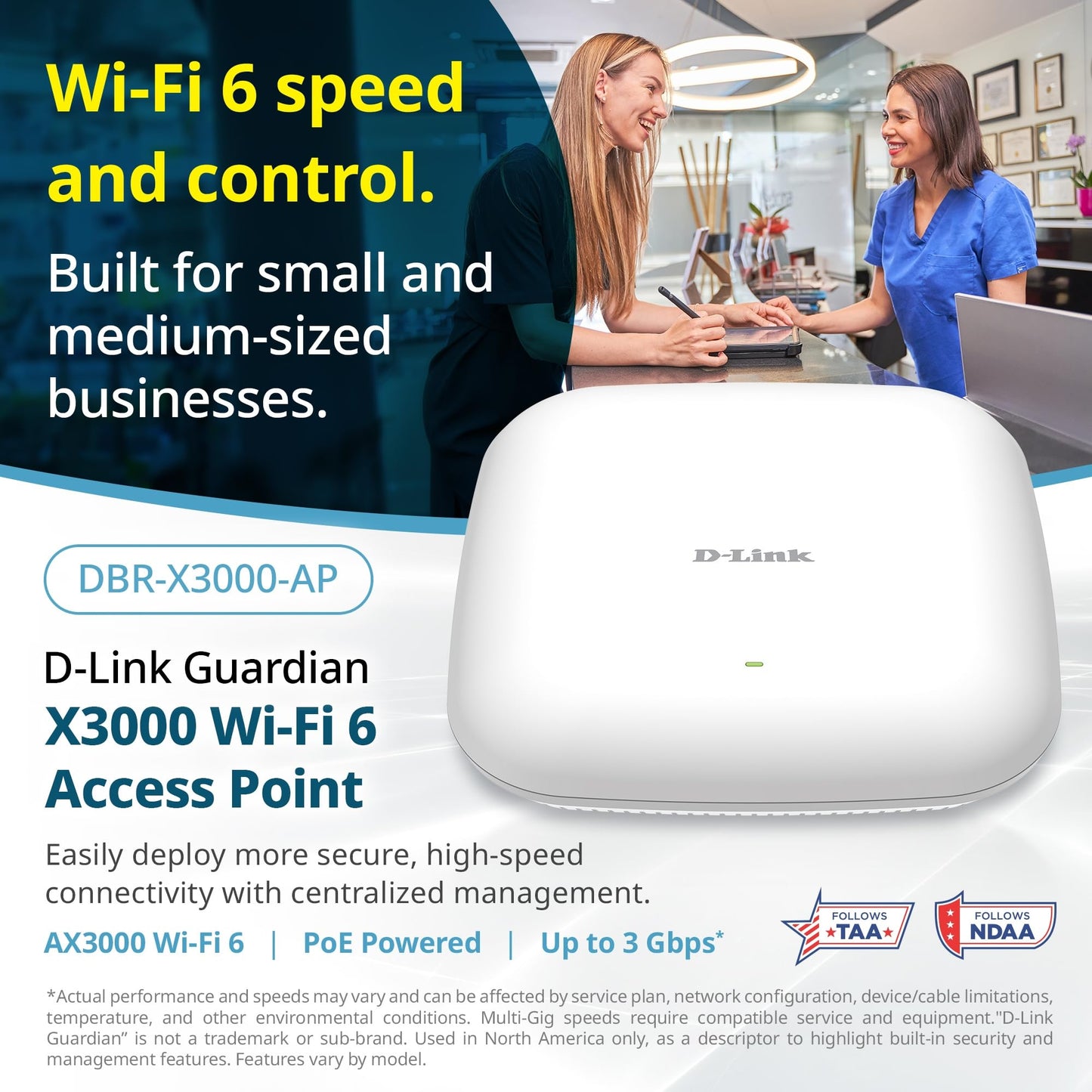 D-Link Guardian X3000 Wi-Fi 6 Access Point (DBR-X3000-AP) Dual-band AX3000 Smart Access Point with WPA3, VLANs, PoE Powered, Guest WiFi, Mesh Support