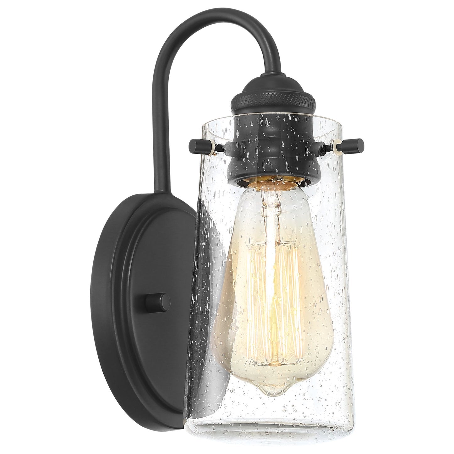 Kira Home Rayne 9.5" Modern Farmhouse Wall Sconce, Black Gooseneck Wall Light with Tapered Seeded Glass Shade, Matte Black Finish