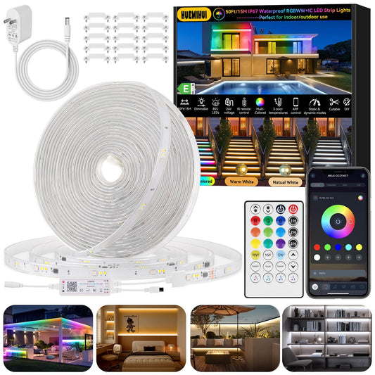 50Ft Outdoor RGBWW+IC LED Strip Lights, IP67 Waterproof Multi-Colored+3000K-6500K 24V LED Lights with Remote and APP, Music Sync Color Changing LED