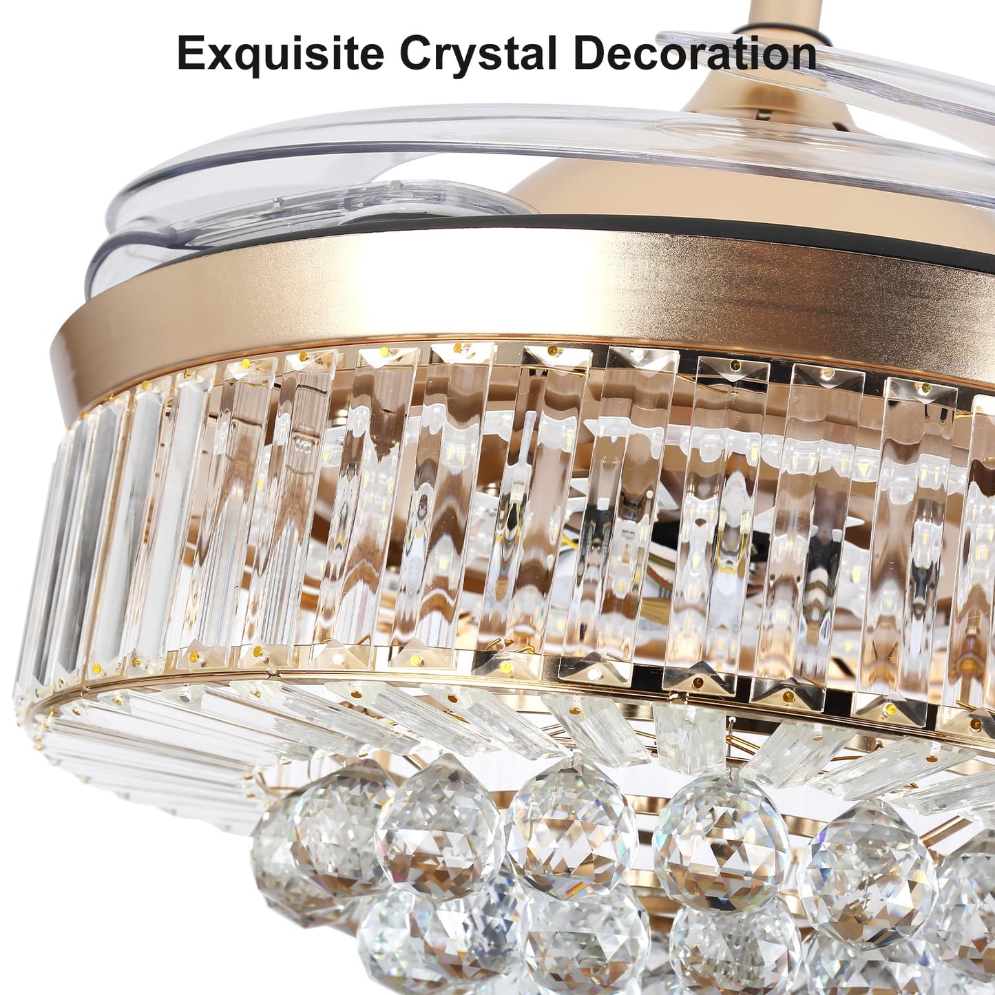 Bavnnro 42'' Fandelier Ceiling Fans with Light, Gold Retractable Crystal Chandelier Fan, Reversible, Remote Control, Dimmable Ceiling Light Kits