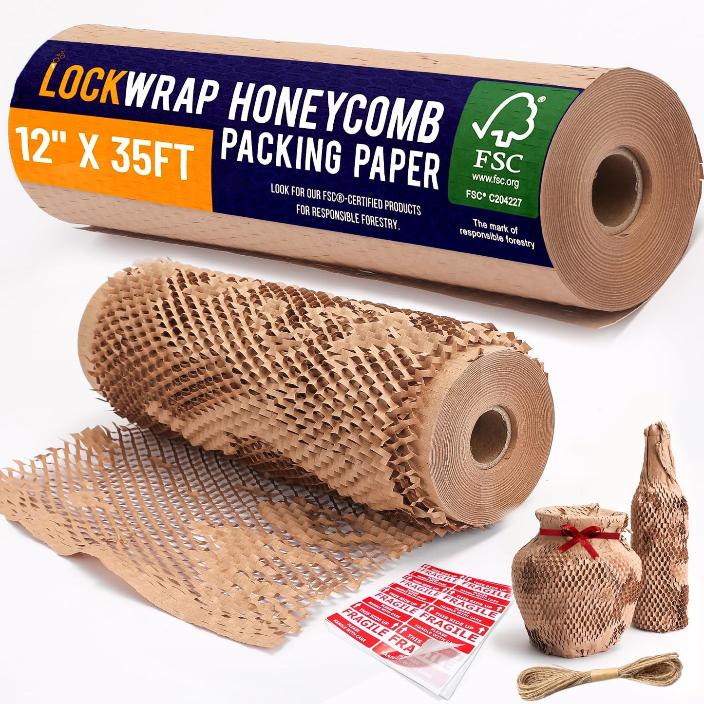 Honeycomb Packing Paper 12" x 35ft with Rope & 20 Fragile Stickers|Shipping & Moving Supplies|Small Business Packaging Supplies|Eco Friendly Bubble