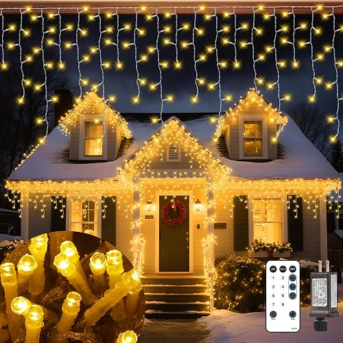 Vynoblip Ice Light Outdoor, Decorations Lights Yellow 33FT 306 LED 8 Modes Plug in Twinkle Fairy Light String with Remote Timer Memory for Roofline