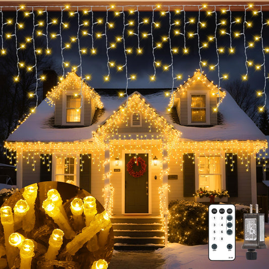 Vynoblip Ice Light Outdoor, Decorations Lights Yellow 33FT 306 LED 8 Modes Plug in Twinkle Fairy Light String with Remote Timer Memory for Roofline