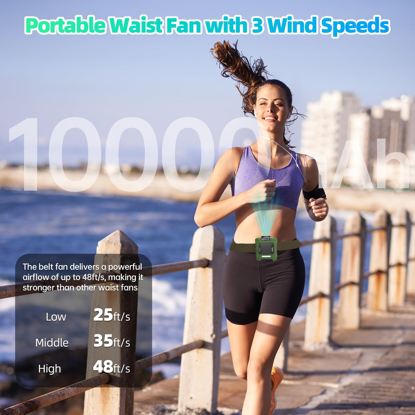 SynclaspX Waist Fan, 10000mAh Rechargeable Belt Clip Fan, 24H Runtime, 49ft/s Strong Airflow, 3-Speed 7-in-1 Hands-Free Personal Fan with Bottom Air