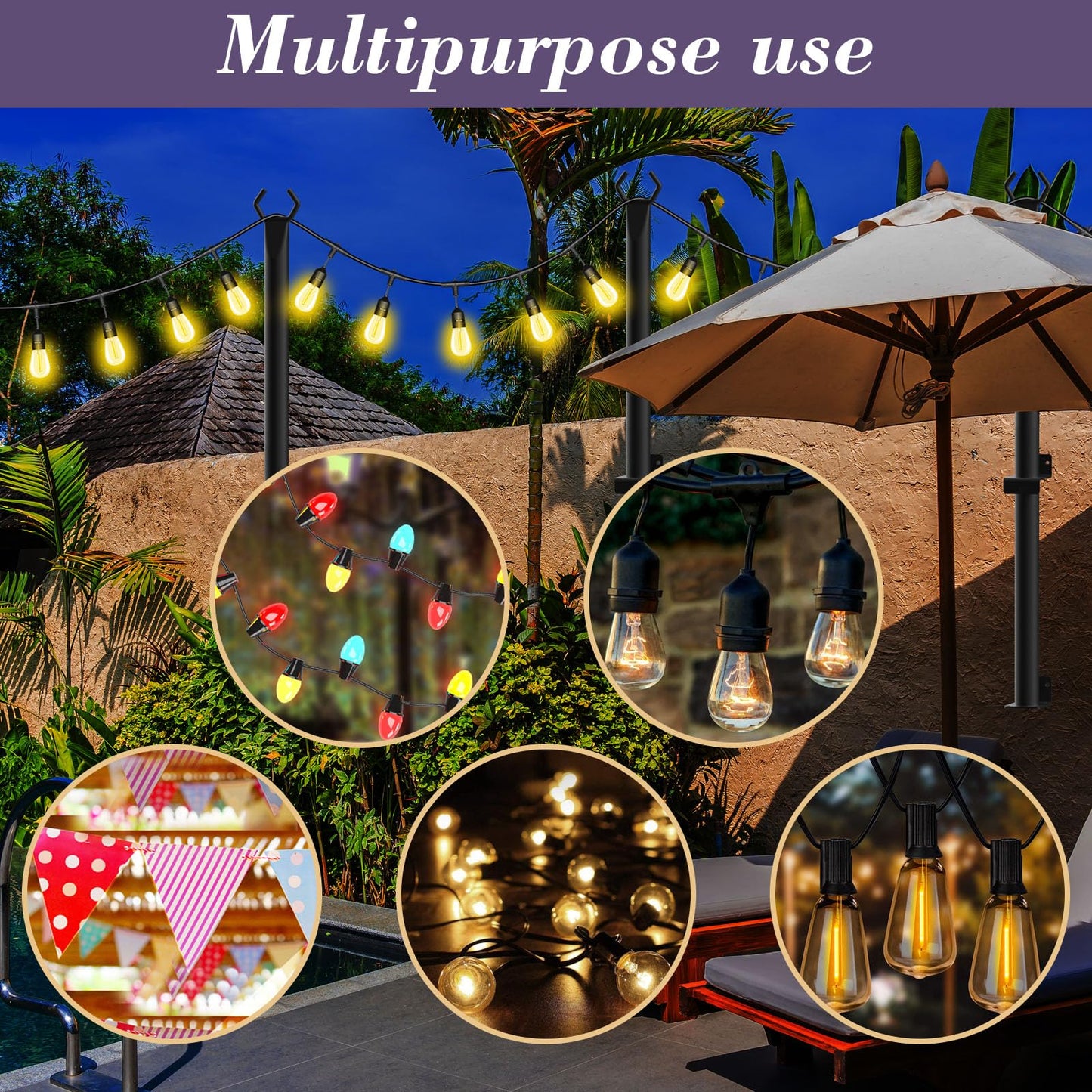 NUERPO 4 Pack String Light Poles,5Ft Metal Poles for Outdoor String Lights,Outdoor Light Poles with Post,Poles/Stand