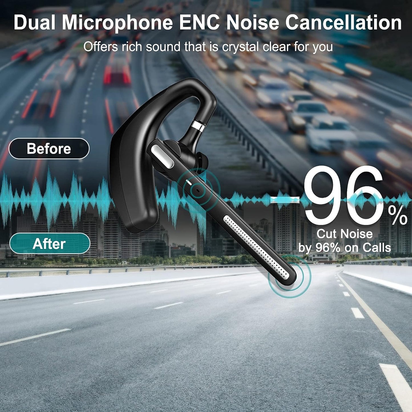 OPINAY Bluetooth Headset V5.1,Wireless Bluetooth Earpiece with CVC8.0 Dual Mic Noise Cancelling,500mAh Battery for 110H Work Time,Handsfree Earphones