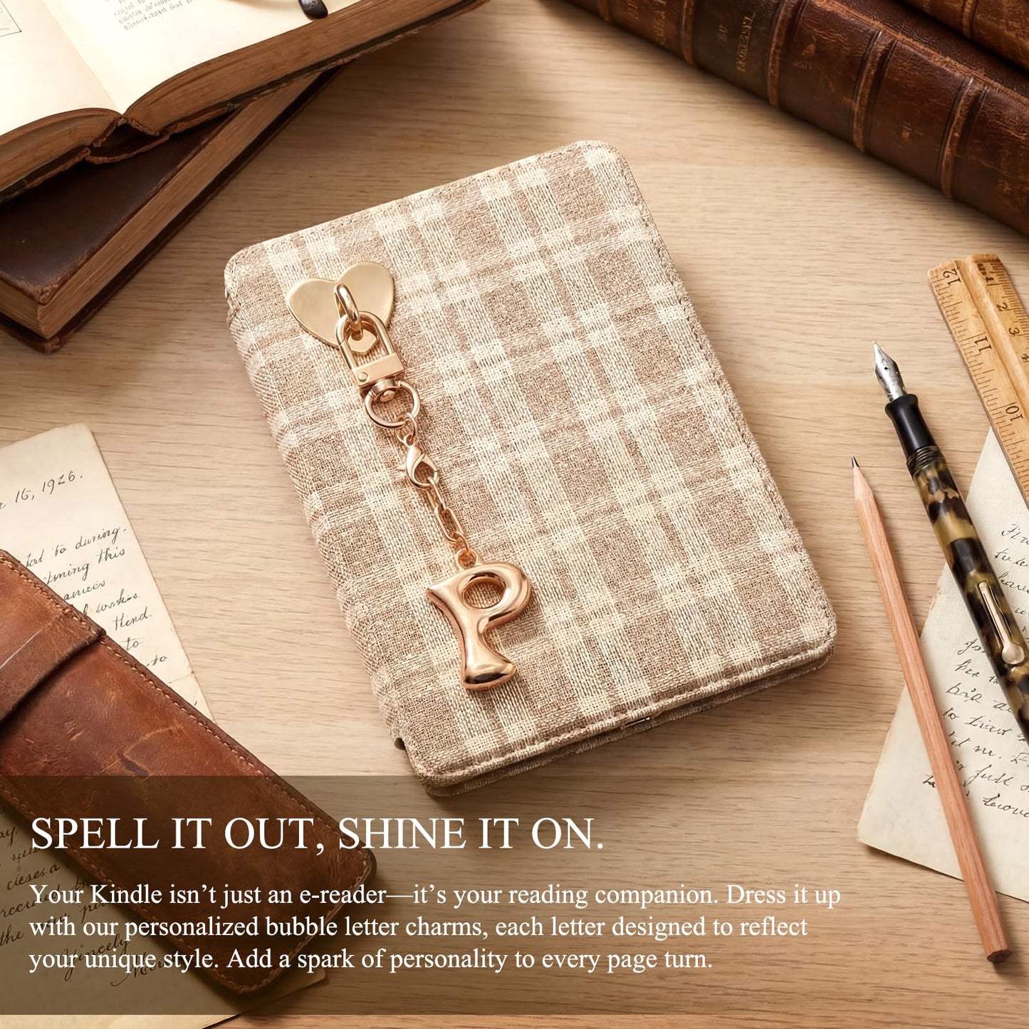 Kindle Dust Plug Charm & Chain, Alphabet Letter Charms with Removable Heart Hook, Type-C Charger Port Dust Plug Accessories Compatible with Kindle