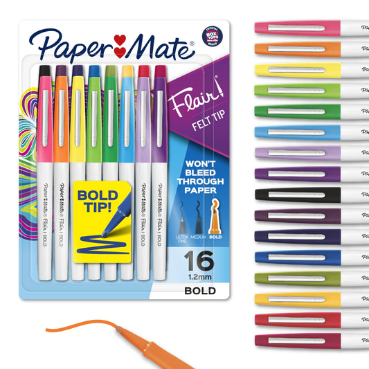 Paper Mate Flair Felt Tip Pens, Bold Tip (1.2 mm), 16 Count - Back to School, Teacher Supplies, Arts & Crafts