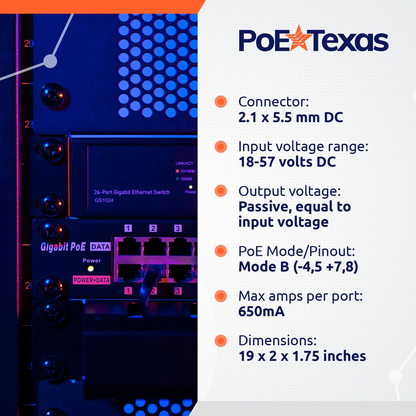 PoE Texas 24 Port PoE Injector - Multi-Port PoE Gigabit Rack Mount Midspan for IP Cameras, WiFi AP, Add Power Over Ethernet to Non-PoE Switch or