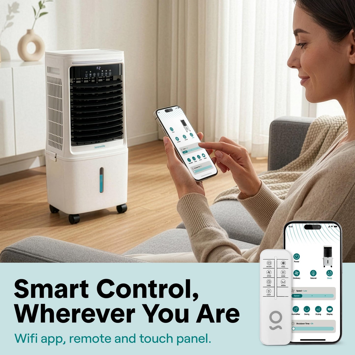 SereneLife Tower Fan, Smart Stand Up Bladeless Tower Fan with WiFi and Remote Control, 1700 CFM High Velocity Output, 25 Liter Detachable Water Tank