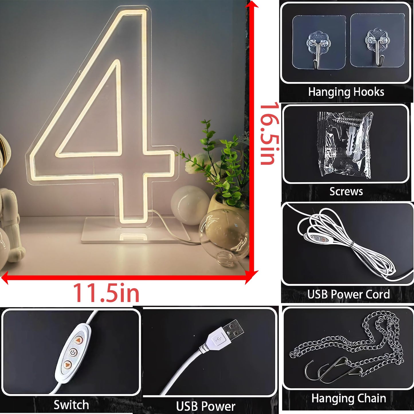 Neon Signs Number 4 Birthdays Decor Neon Lights Party USB Plus Battery Case Light up your baby's birthday with our Neon Number Four Sign (Number