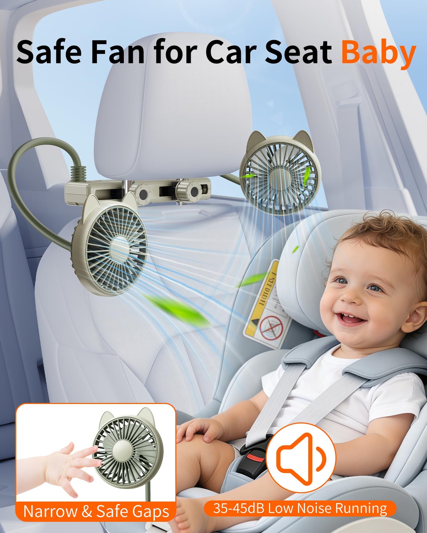 scenein Cute Dual Head Gooseneck Car Cooling Fans for Back Seat for Kids, 5v/12v/24v Usb Car Headrest Fan for Baby Rear Facing, Car Seat Cooler That