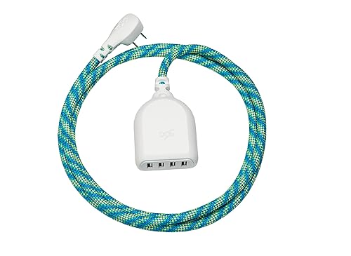 360 Electrical Habitat 4.8, 6 ft 4-Port USB Extension Cord, Durable Braided Casing, Mint Julep, 4.8A, USB Charger Cable, Power Strip USB Hub Charging
