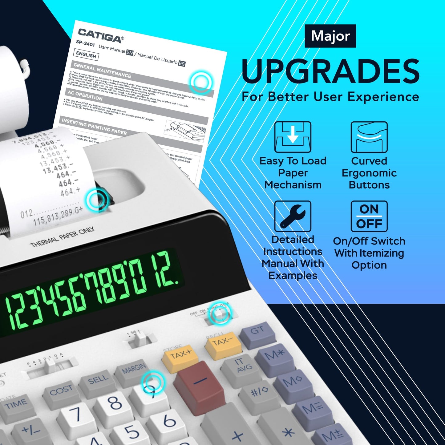 CATIGA 12 Digit Thermal Printing Calculator with Tape Print Out, Ink-Free Adding Machine, 5X Faster Quite at 8.0 LPS, Extra Large Fluorescent Display