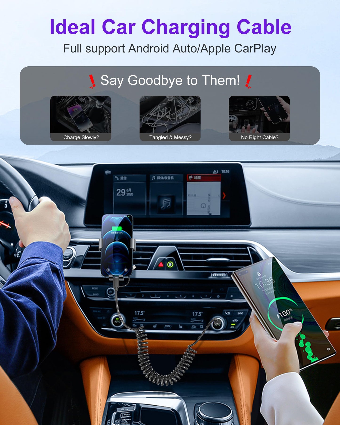 USB to USB C and Lightning Cable Combo 2 in 1 Coiled Cable Support Apple Carplay & Android Auto 3A Fast Charge Data Sync Short Curly Lightning…