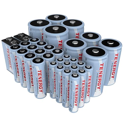 Tenergy NiMH Rechargeable Battery 34 Pack Variety, 12AA, 12AAA, 4C, 4D, and 2x9V Rechargeable Batteries for Everyday Household Electronics