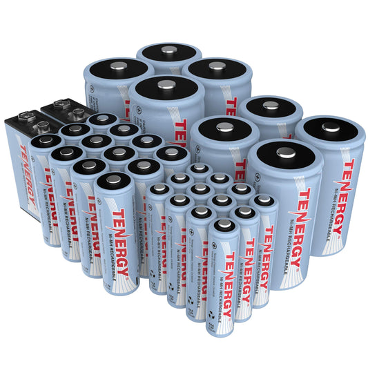 Tenergy NiMH Rechargeable Battery 34 Pack Variety, 12AA, 12AAA, 4C, 4D, and 2x9V Rechargeable Batteries for Everyday Household Electronics
